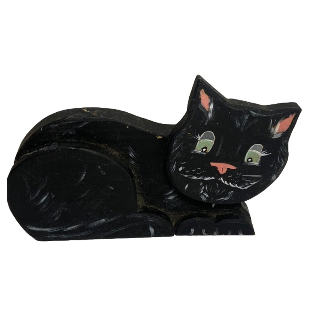 Vintage Black Cat figure hand painted wood adjustable head tilts smiling kitty